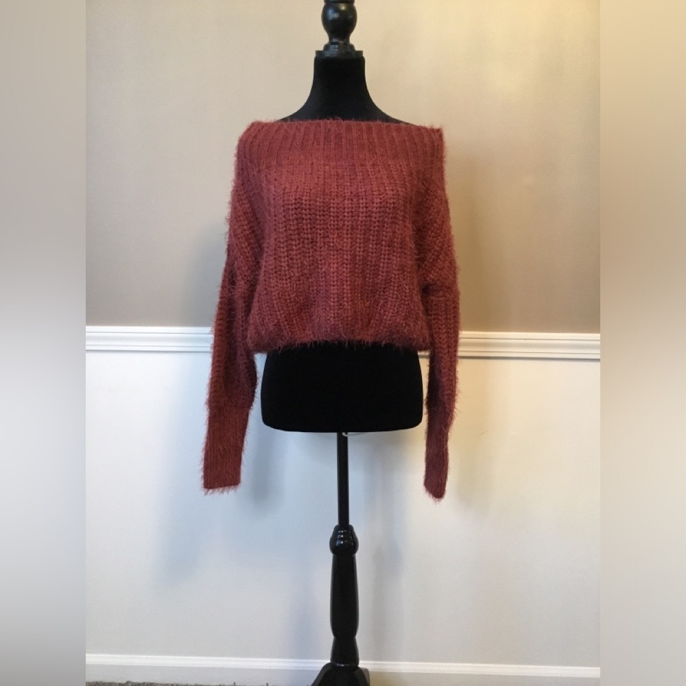 Tobi Off-the-Shoulder Fuzzy Knit Sweater - Rust